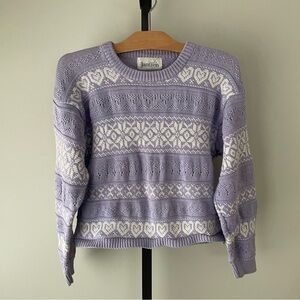 Vintage Jantzen Heart & Snowflake Cropped Knit Sweater Purple Cream Size Medium